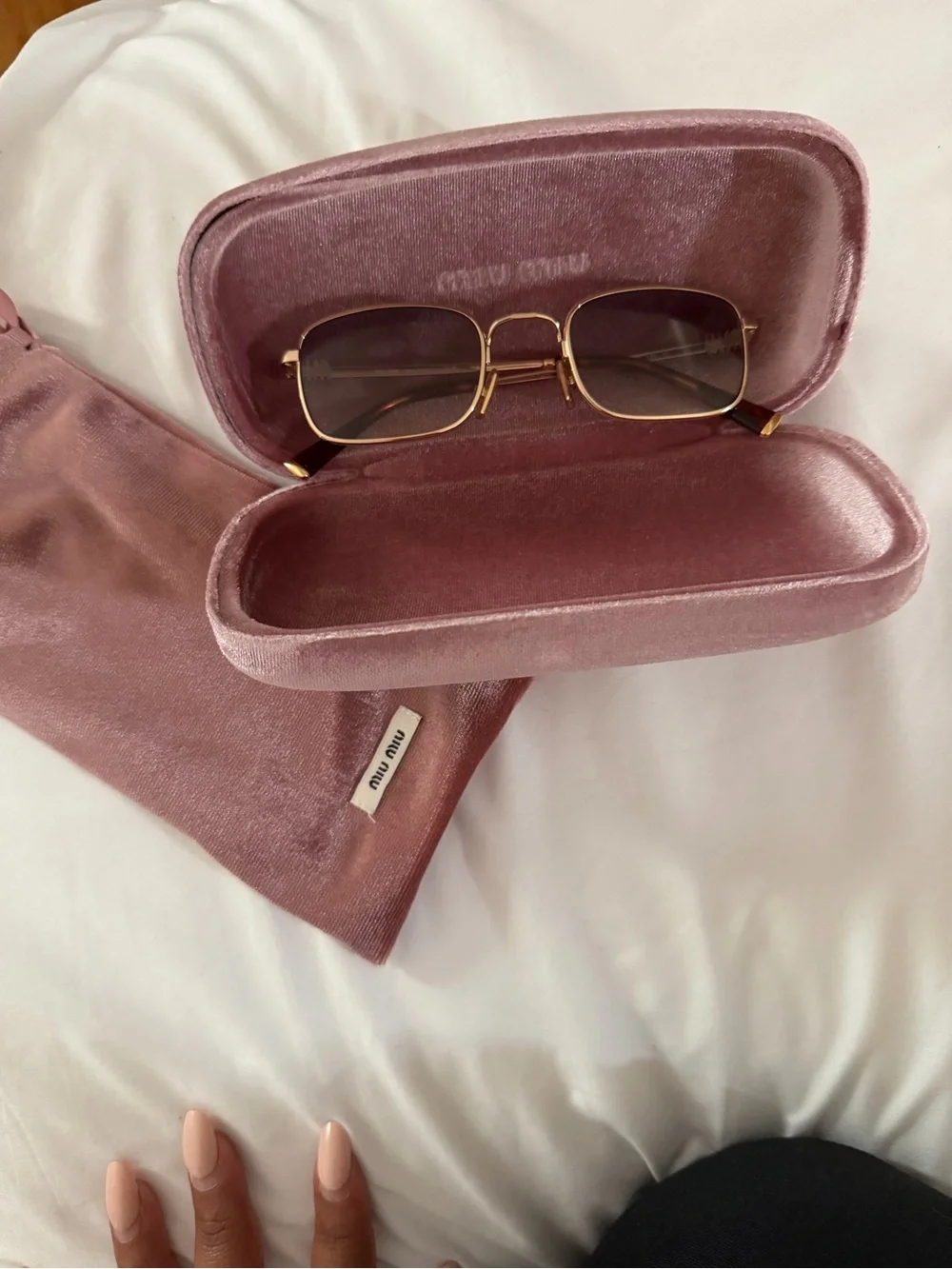 Miu Miu Gold Square Sunglasses with Gradient Gray Lenses and Pink Velvet Case